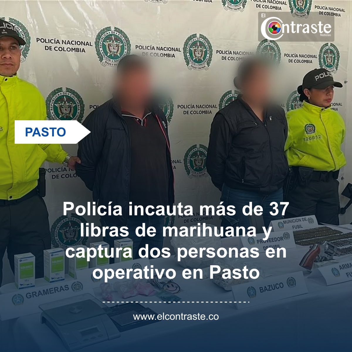 Policía incauta más de 37 libras de marihuana y captura dos personas en operativo en Pasto
